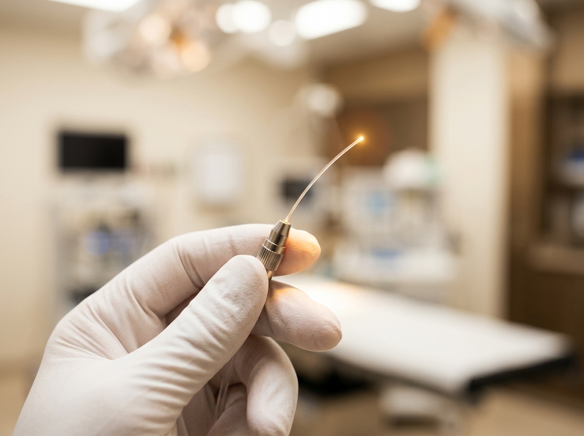 Fibre laser médicale tenue par une main gantée